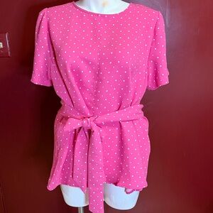 Jessica London Pink Polka Dot Tie Waist Blouse‎ Top Size 22W Short Sleeve